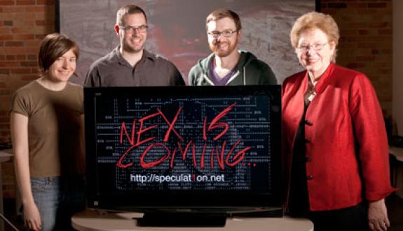 Part of the Specula1ion collective: Students Stephanie Boluk, Luke Caldwell, Patrick LeMieux and Professor Katherine Hayles.  Photo by Megan Morr/Duke University Photography
