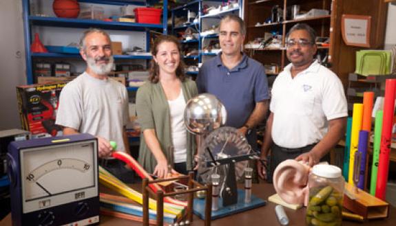 Physics faculty are in demand in area schools: From left, Ronen Plesser,  Kristine Callan, Derek Leadbetter and Calvin Howell