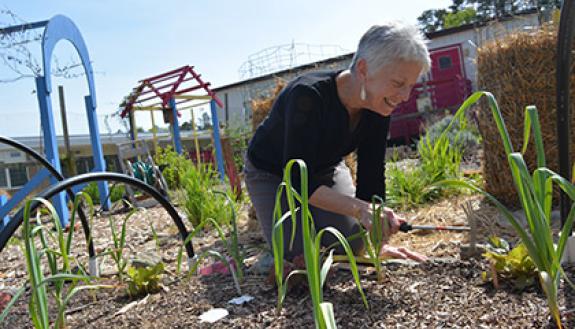 Connie Winstead, co-chair of Duke University Retiree Outreach (DURO), helps weed the garden at Lakewood Elementary School in Durham. Photo by April Dudash