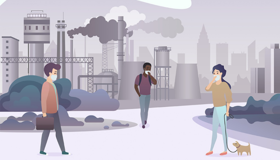 graphic of people walking in polluted air