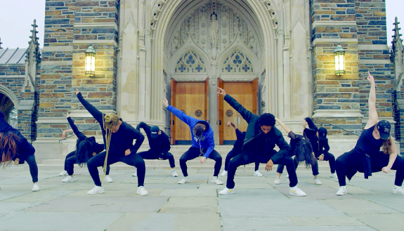 Scene from a student film production in front of Duke Chapel