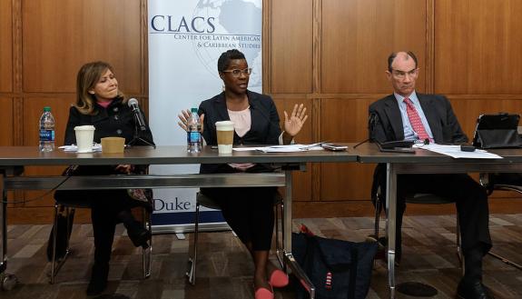 Professor Patrick Duddy, right, discussed the future of NAFTA with representatives from the Mexican and Canadian governments. Photo by Jennifer Prather