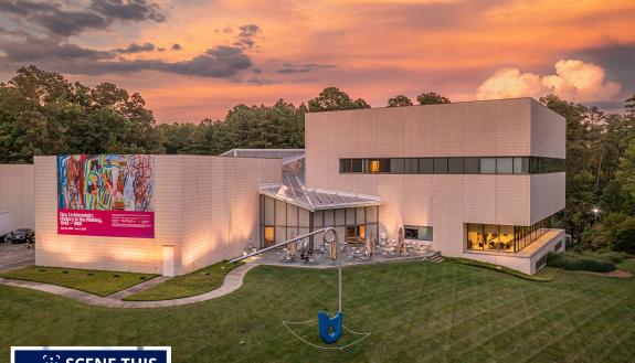 aerial photo of the Nasher Museum at twilight