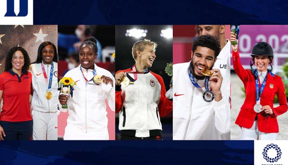 Blue Devil medalists: From top, Kara Lawson, Chelsea Gray, Quinn, Jayson Tatum; and Jessica Springsteen. 
