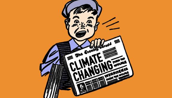 graphic of newsboy with Climate Change headline