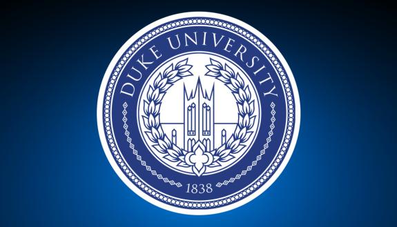 Duke University logo against blue background.