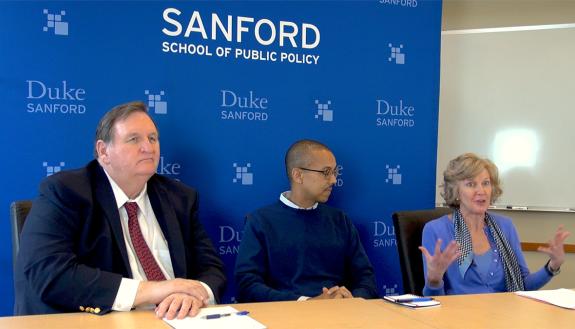 Duke's Kelly Brownell, Gary Bennett and Elisabetta Politi (from left to right) discuss diet and health Thursday, Nov. 9, 2017 at Sanford School for Public Policy
