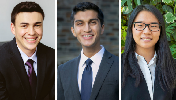 Rhodes Scholars Ariel Kantor, Kushal Kadakia and Claire Wang