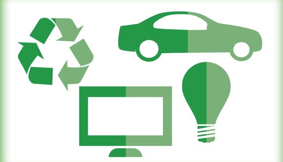 A graphic with a computer, a car, a light bulb and a recycling symbol.