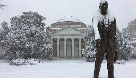 The Benjamin Duke statue is blanketed with snow on Sunday, Dec. 9, 2018. Photos by Jonathan Black.