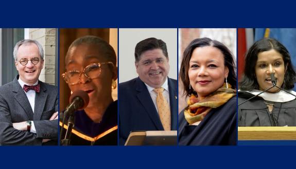 Convocation speakers: Steve Medema, economics; Wylin Wilson, Divinity; J.B. Pritzker, political science; Tomiko Brown-Nagin, Graduate School; and Sonia Sekhar, Sanford. 
