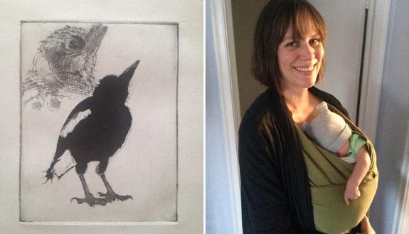 Copper intaglio print by Stephanie Gehring Ladd; Stephanie with her baby
