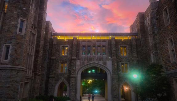 A stunning sunset over Perkins and Bostock Libraries.