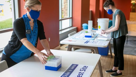 Starting this week, as part of Duke's strategy, around 2,000 self-administered COVID-19 tests will be completed by a cross-section of Duke undergraduate students on campus. Photo by Jared Lazarus, University Communications