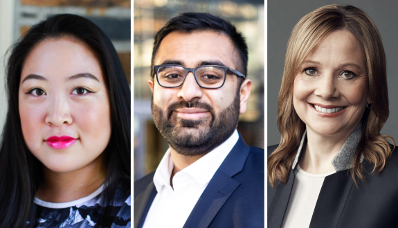 Mary T. Barra, chairman and chief executive officer of General Motors Company; Kelly C. Tang, a seventh-year Ph.D. candidate in Duke’s Department of Art, Art History, and Visual Studies; and Ibrahim Butt