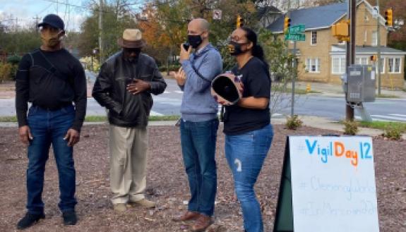 Calrutha Johnson, exoneree and former Wrongful Convictions Clinic client Ronnie Long, Prof. Jamie Lau '09, and the ACLU of NC’s Kristie Puckett-Willliams attend a Vigil for Freedom and Racial Justice outside the governor's mansion.
