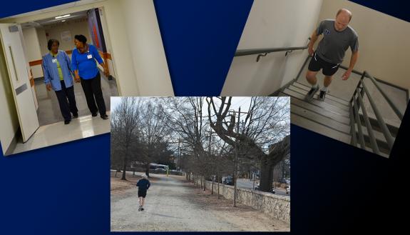 (From left) Nancy Mason and Terrie Harris walk in Duke South. Mike Garrison climbs the steps of University Tower, and a runner jogs along the East Campus wall.