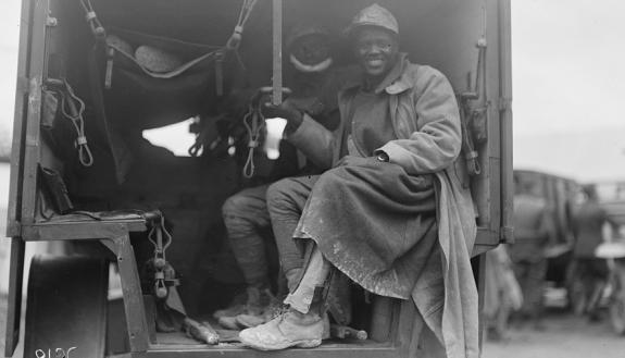 African American troops arrive in an ambulance at the American Red Cross military hospital in Auteuil, France. Courtesy of the Library of Congress.