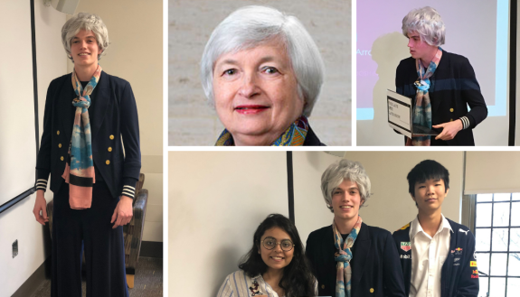 Josh Berman, left, dressed up as Janet Yellen (middle top) for his project.
