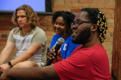 Student Antwaine Ellison and others presented their Story+ study on hoopskirts. Photo by Eric Barstow/Franklin Humanities Institute