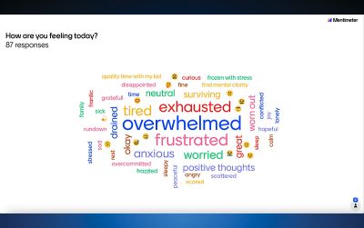 A word cloud displays words that show how overwhelmed, exhausted and frustrated participants feel before a Mini Mental Makeover.