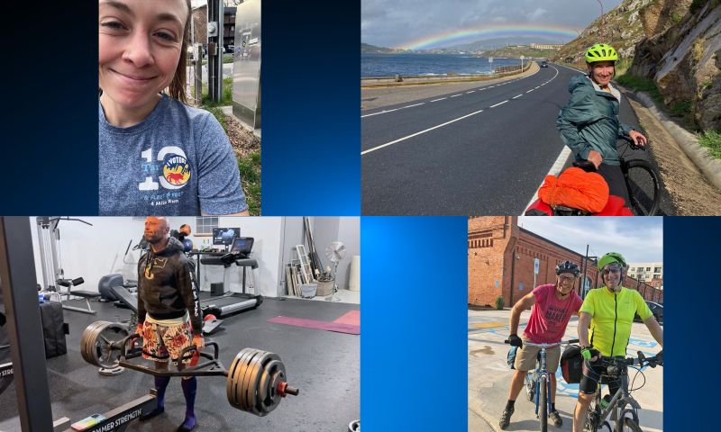 "Flesh Eating Step" members worked out in various ways, including (from top left, clockwise): Alison Smith running, Gary Cox biking beneath a rainbow, Chris Polage and Jason Stout biking, and Steve Pappas lifting weights.